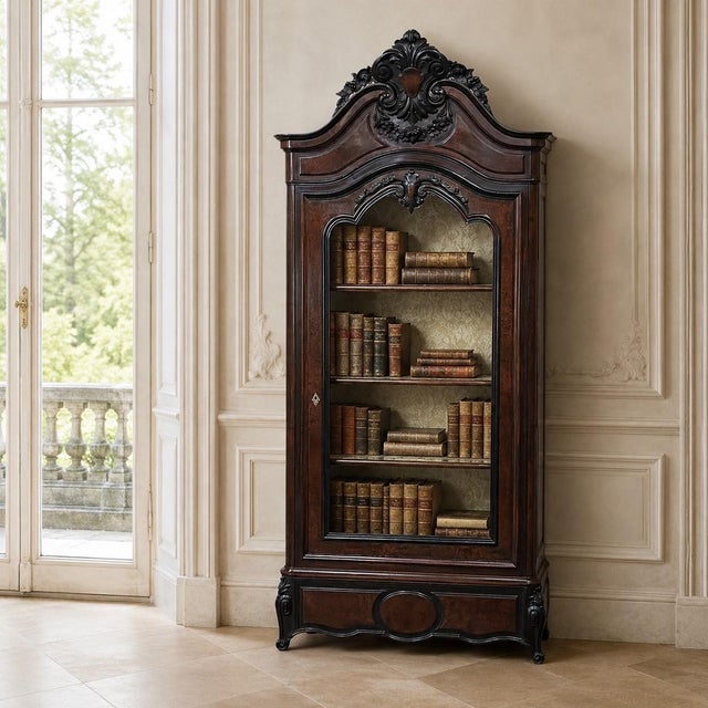 Exquisite Napoleon III period display armoire and bookcase discovered in Paris, crafted from richly figured burled walnut...