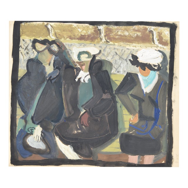 Walter Becker, Women in a Train Compartment, Verso: Portrait of a Woman, 1946, Gouache and Oil on Handmade Paper For Sale