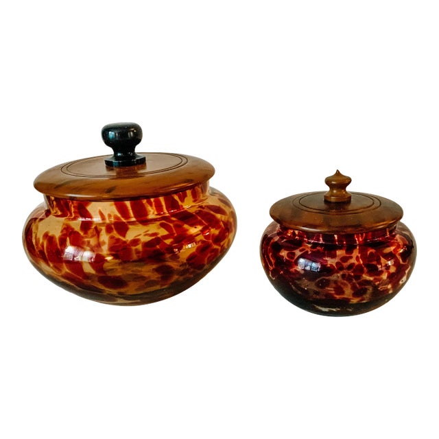 Vintage Decorative Hand Blown Glass Tortoise Shell Pattern Jars With ...