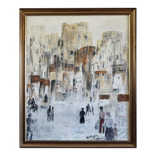 1979 Modernist 'Old Town Reverie' Vintage Swedish Semi-Abstract Street Scene Oil Painting, Framed For Sale