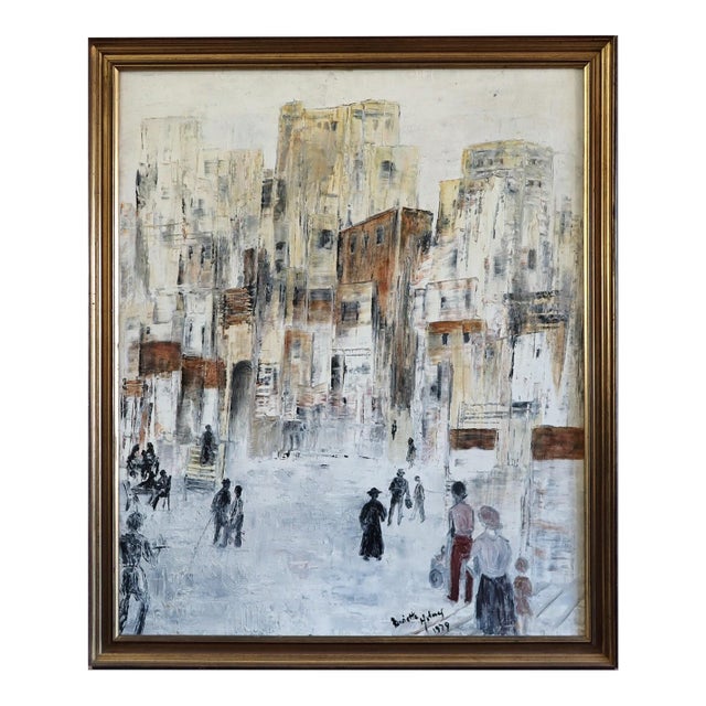 1979 Modernist 'Old Town Reverie' Vintage Swedish Semi-Abstract Street Scene Oil Painting, Framed For Sale