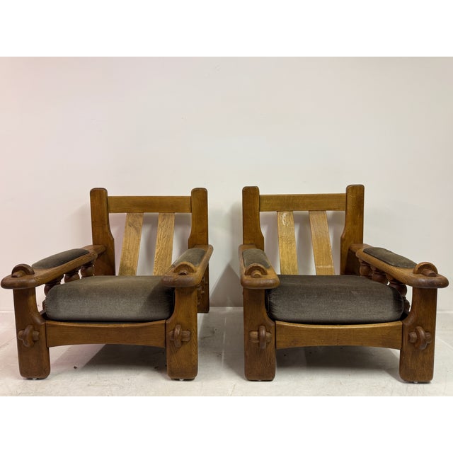 Brutalist Oak Chairs with Slatted Backs, 1960s, Set of 2 For Sale - Image 12 of 18