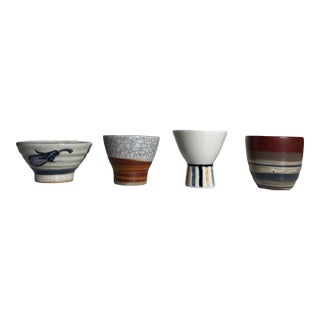 Late 20th Century Japanese Studio Pottery Sake Cups & Pour Vessel in Wabi-Sabi Glazes - Set of 4 For Sale