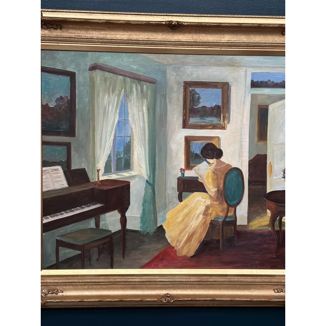 V. Hansen, Interior with Reading Woman, 1960s, Oil Painting on Canvas, Framed For Sale - Image 4 of 17