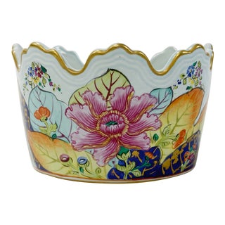 Vintage Italian Tobacco Leaf Motif Ceramic Scalloped Edge Bowl For Sale