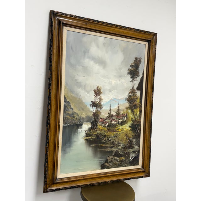 Traditional European Lakeside Village Oil Painting, Signed For Sale - Image 3 of 12