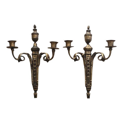 Neoclassical Gold Leaf Over Bronze Wall Candle Sconces A Pair