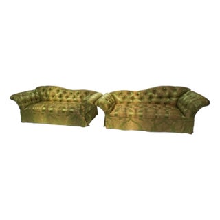 Pair of Custom Curved Back Tufted Damask Sofas Includes Additional Silk Velvet Slipcovers For Sale