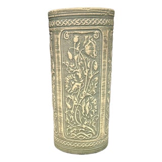 A Robinson Ransbottom, 1926, Art Nouveau, Victorian, Luxor Antique, Blue-Green, Poppy-Patterned Pottery, Umbrella/Cane Stand/Vase For Sale