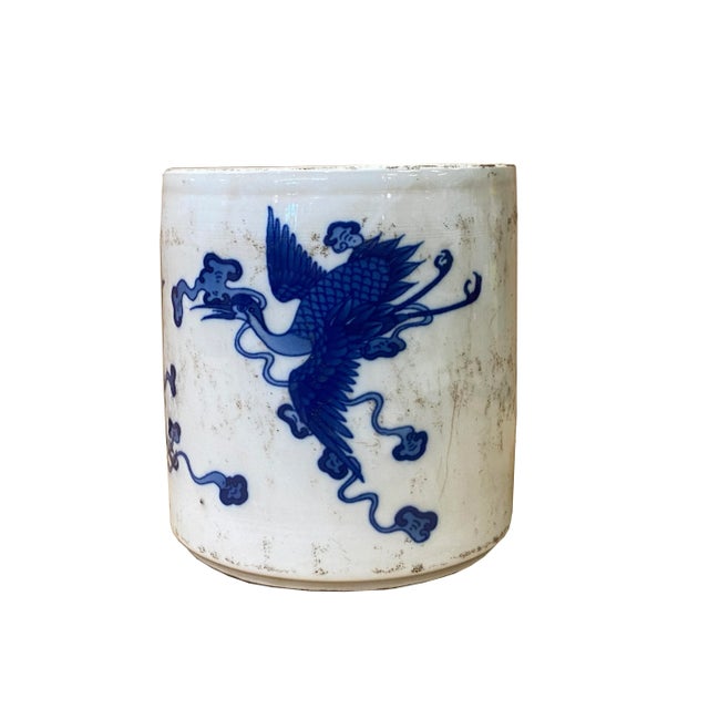 2010s Chinese Distressed White Porcelain Blue Birds Graphic Holder Vase For Sale - Image 5 of 6