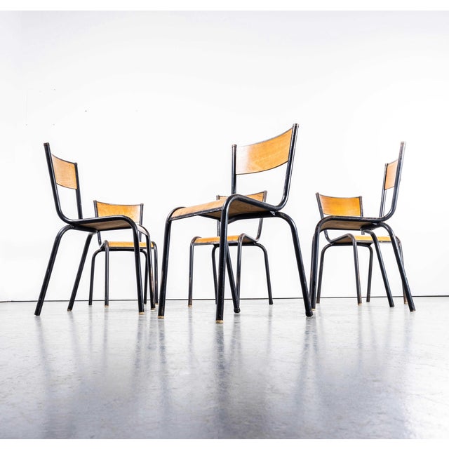 Wood French Stacking 510 Dining Chairs with Black Frame from Mullca, 1960s, Set of 4 For Sale - Image 7 of 18