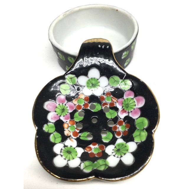 Black Antique Porcelain Teabag Holder Cup Drain For Sale - Image 8 of 9