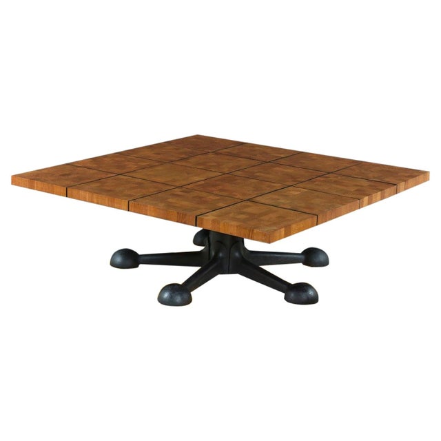 Square 49.5 Inch Danish Teak Butcher Block Coffee Table on Black Iron Base For Sale