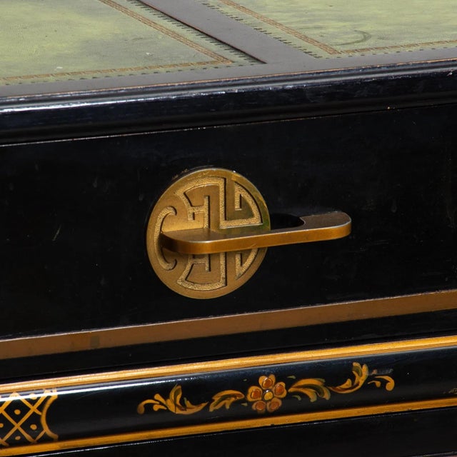 Black Lacquered & Gilt Decorated Details /Green Leather Top Sideboard / Server For Sale - Image 9 of 12