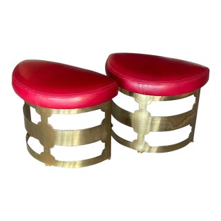 1960s Brass and Red Leather Footstool Ottomans - A Pair For Sale