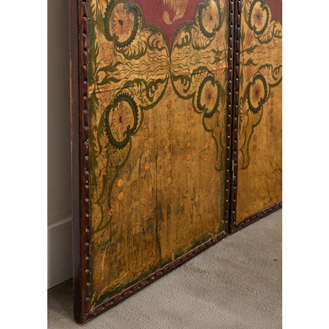 Spanish Colonial Baroque Style Painted Leather Eight Panel Screen For Sale - Image 14 of 18