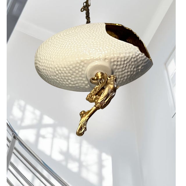 Antique Abstract Egg Shaped Shade With Sculptural Dragon Goddess Finial Pendant Light For Sale - Image 18 of 18