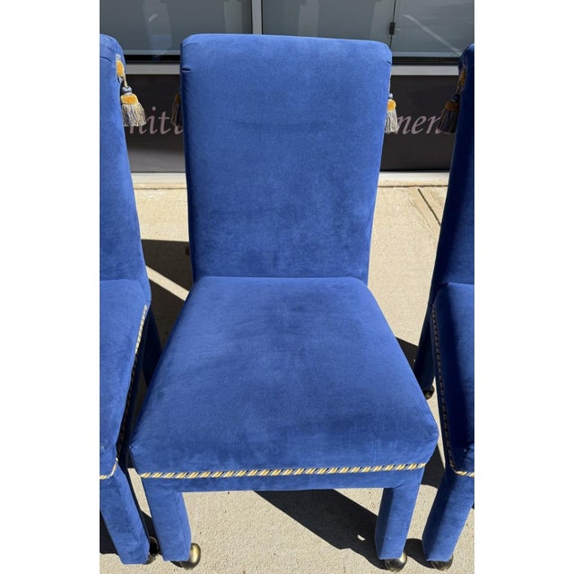 Royal Blue Late 20th Century 5 Piece Dining Set With Round Glass Top Table and Royal Blue Chairs With Tassels For Sale - Image 8 of 18