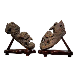 Antique Chinese Carved Polychrome Foo Dog Lion Architectural Corbels - a Pair