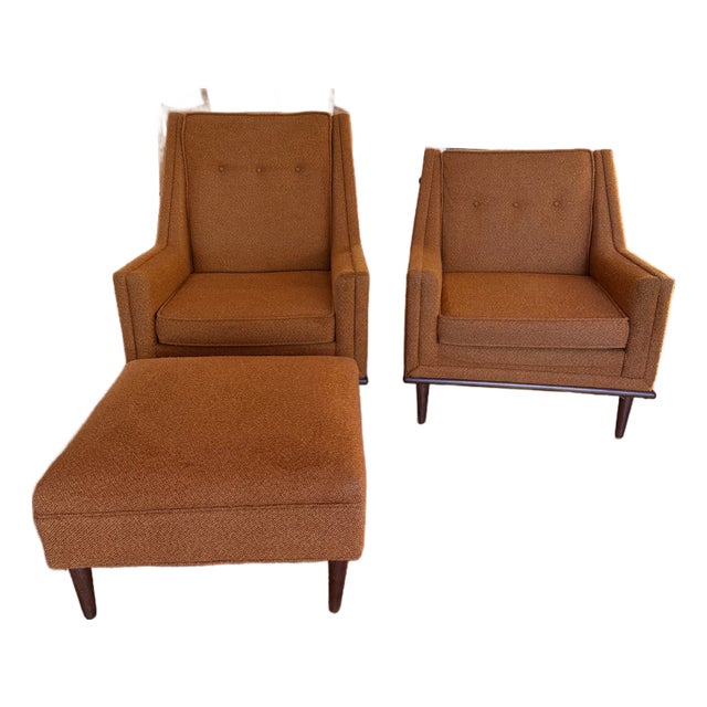 1960s Set of Mid-Century Modern Flex Steel Chairs With Ottoman For Sale