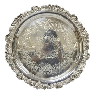 Vintage Wilcox Victorian Silver Plated Round Ornate Footed Salver Serving Tray For Sale