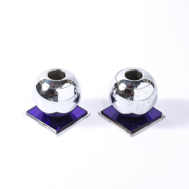 Art Deco Chrome & Cobalt Blue Glass Candleholders by Walter Von Nessen for Chase For Sale - Image 9 of 13