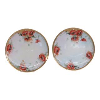 Mz Austria Porcelain Red Poppy Flowers Gold Decorative Plates Set of Two For Sale