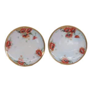 Mz Austria Porcelain Red Poppy Flowers Gold Decorative Plates Set of Two
