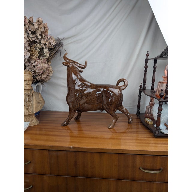 Vintage Art Deco Brown Ceramic & Earthenware Bull Sculpture Zoomorphic, 1980s For Sale - Image 9 of 10