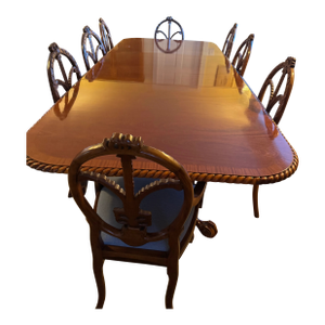 Antique English Mahogany Dining Table & 14 Chairs, Expands to Seat 14