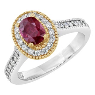 1.20 Carat Burmese Ruby Diamond Halo 14 Karat Gold Engagement Ring, Size 6 For Sale