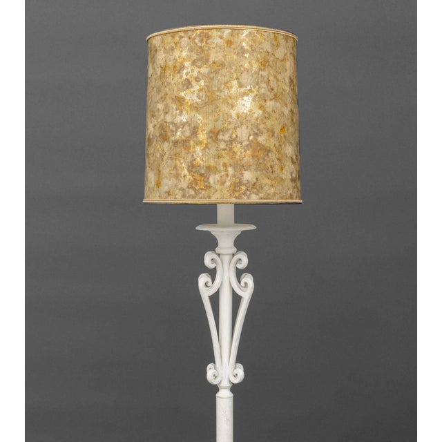 Modern White Painted Wrought Iron Floor Lamp, with scrollwork details and golden shade. 53.75" H x 10" Diameter....