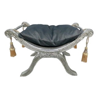 Hand-Gilded Silver Leaf Accent Bench With Elegant Velvet Cushion For Sale