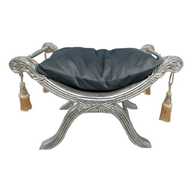 Hand-Gilded Silver Leaf Accent Bench With Elegant Velvet Cushion For Sale