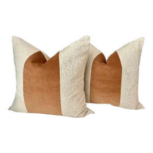 Classic Copper Velvet Panel With Oatmeal Linen Pillows- a Pair