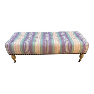Upholstered Bench With Samuel & Sons Leather Trim Tufted Classic Cloth Rothsay Stripe For Sale