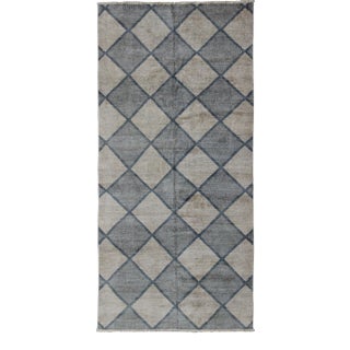 Large Gallery Rug in Modern Diamond Design in Blue-Green and Cream For Sale
