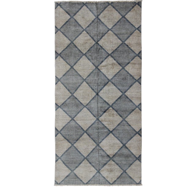 Large Gallery Rug in Modern Diamond Design in Blue-Green and Cream For Sale