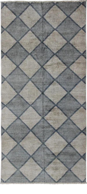 Large Gallery Rug in Modern Diamond Design in Blue-Green and Cream