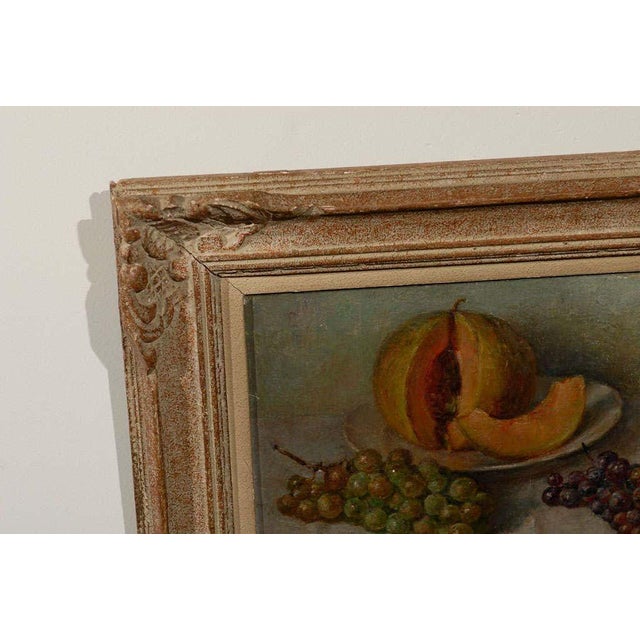 French 19th Century Framed Oil Still Life Painting of Fruit, Grapes, and Melon For Sale - Image 3 of 7