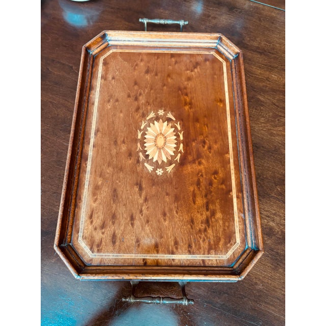 Gorgeous 1900’s Antique Serving Tray, English, Mahogany With Hand Painted Design at Center. 20”x13.5” Brass Handles For Sale In Baltimore - Image 6 of 12