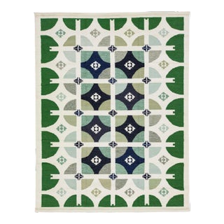 2010s Handmade Swedish Style Modern Wool Rug With Green Geo Abstract Motif For Sale