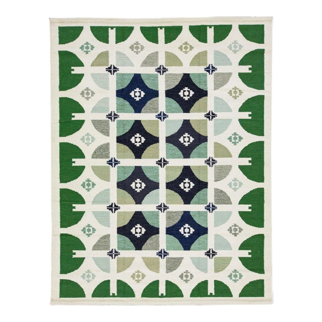 2010s Handmade Swedish Style Modern Wool Rug With Green Geo Abstract Motif For Sale