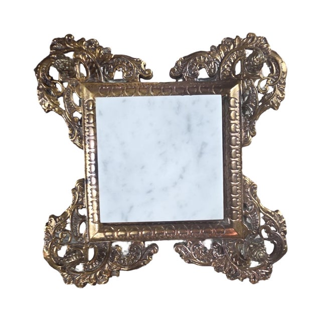 Hollywood Regency Vintage Hollywood Regency 2-Tier Brass & Marble Stand For Sale - Image 3 of 12