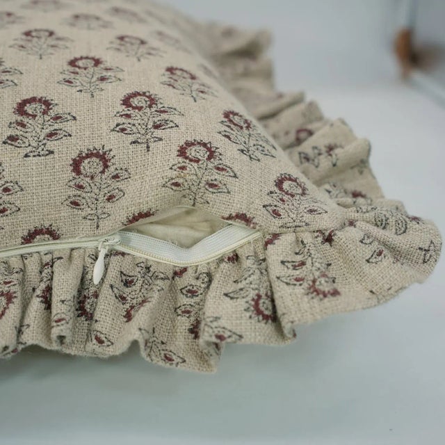 Fabdivine Artistic Block Print Frill Pillow Cover Rust 22x22 Inch Thick Linen- Bagru Buti For Sale - Image 4 of 5