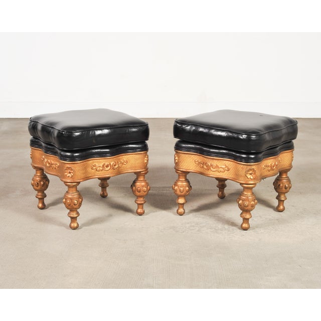 Traditional Pair of Empire Aesthetic Leather Giltwood Ottoman Footstools For Sale - Image 3 of 18