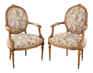 French Louis XVI Style Carved Fauteuil Armchairs - a Pair