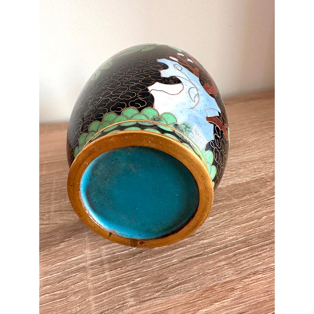 Late 20th Century Vintage Chinese Black Cloisonné Enamel Peony & Butterfly Vase, 8" For Sale - Image 5 of 13