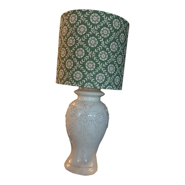 The Ashford Lamp - Ivory Floral Ginger Jar Lamp With Handmade Sage Botanical Lampshade For Sale