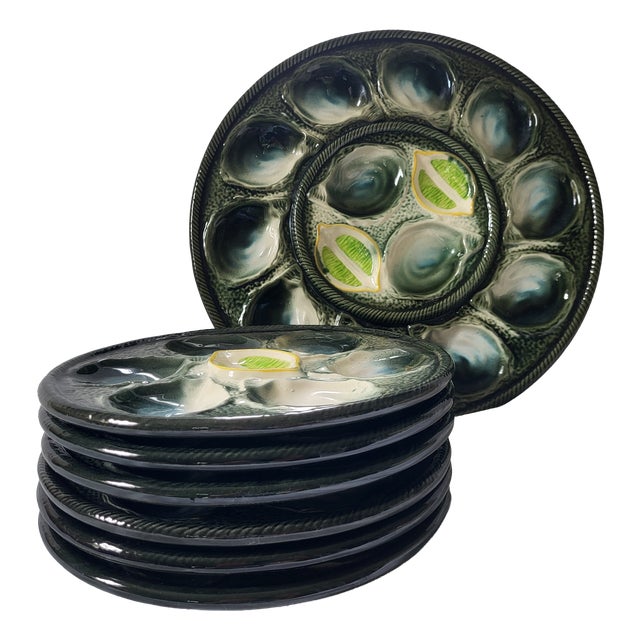 Mid-Century French Majolica Oyster Service from Saint-Clement, 1950s, Set of 7 For Sale